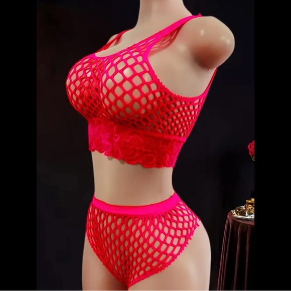 Red, Fishnet, Lingerie Set - Picture 4 of 6